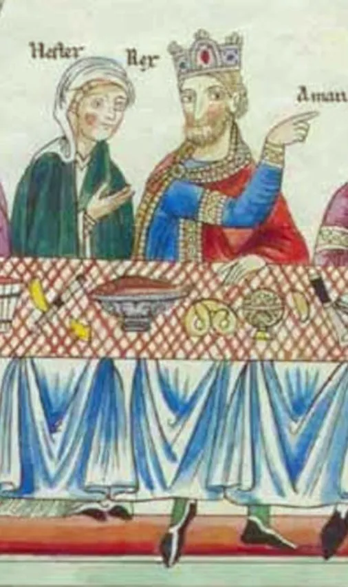 O banquete de Ester e Assuero no Hortus deliciarum: o bretzel está sobre a mesa, ao centro.