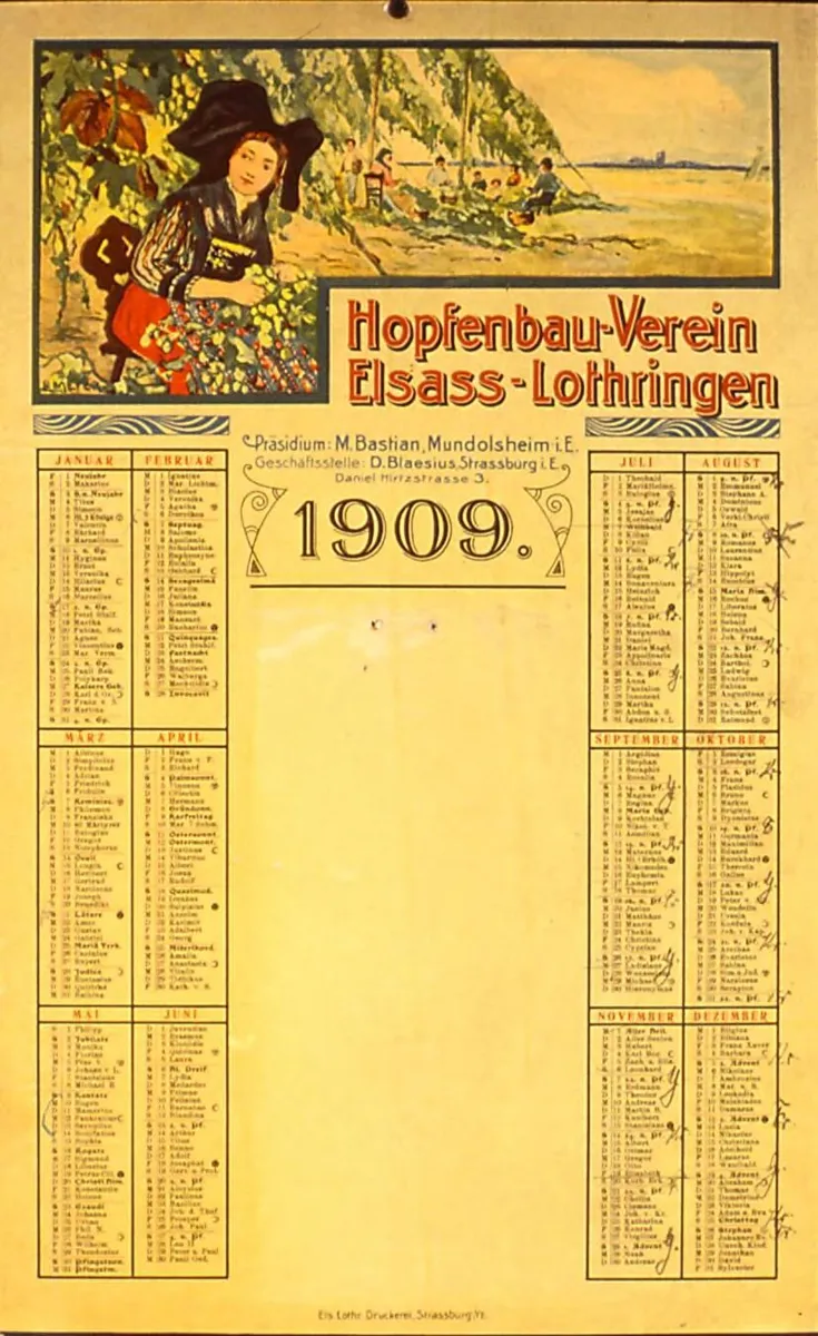 Calendário de 1909 da Hopfen Bau-Verein Elsass-Lothringen, a associação dos produtores de lúpulo da Alsace-Lorraine.