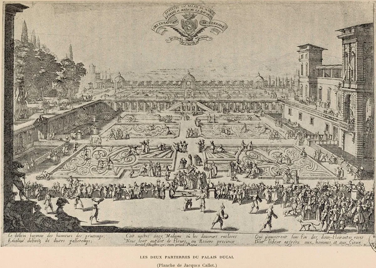 Os jardins do Palácio Ducal de Nancy, onde viviam os duques da Lorraine. Gravura de Jacques Callot, século XVII.